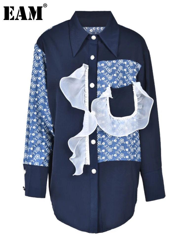 

[EAM] Women Blue Pattern Ruffles Big Size Blouse New Lapel Long Sleeve Loose Fit Shirt Fashion Tide Spring Autumn 2023 1DE650817