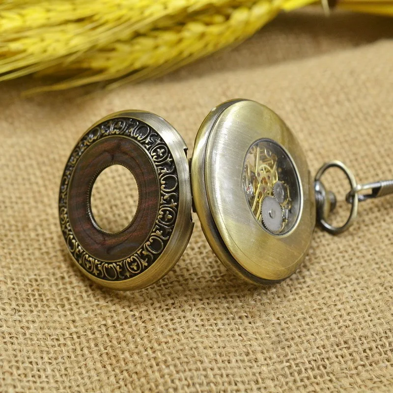 Luxury Vintage Mechanical Pocket Watch for Men Women Wood Grain Wave Roman Numeral Dial Fob Chain Pendant Clock for Collection