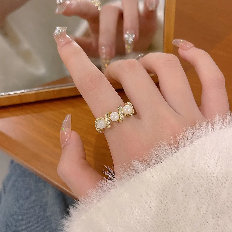 

INS Light Decoration Open Mouth Pearl Ring With Fashion Zircon Ring for Women Fine Jewelry Memorial Day Wedding Gifts