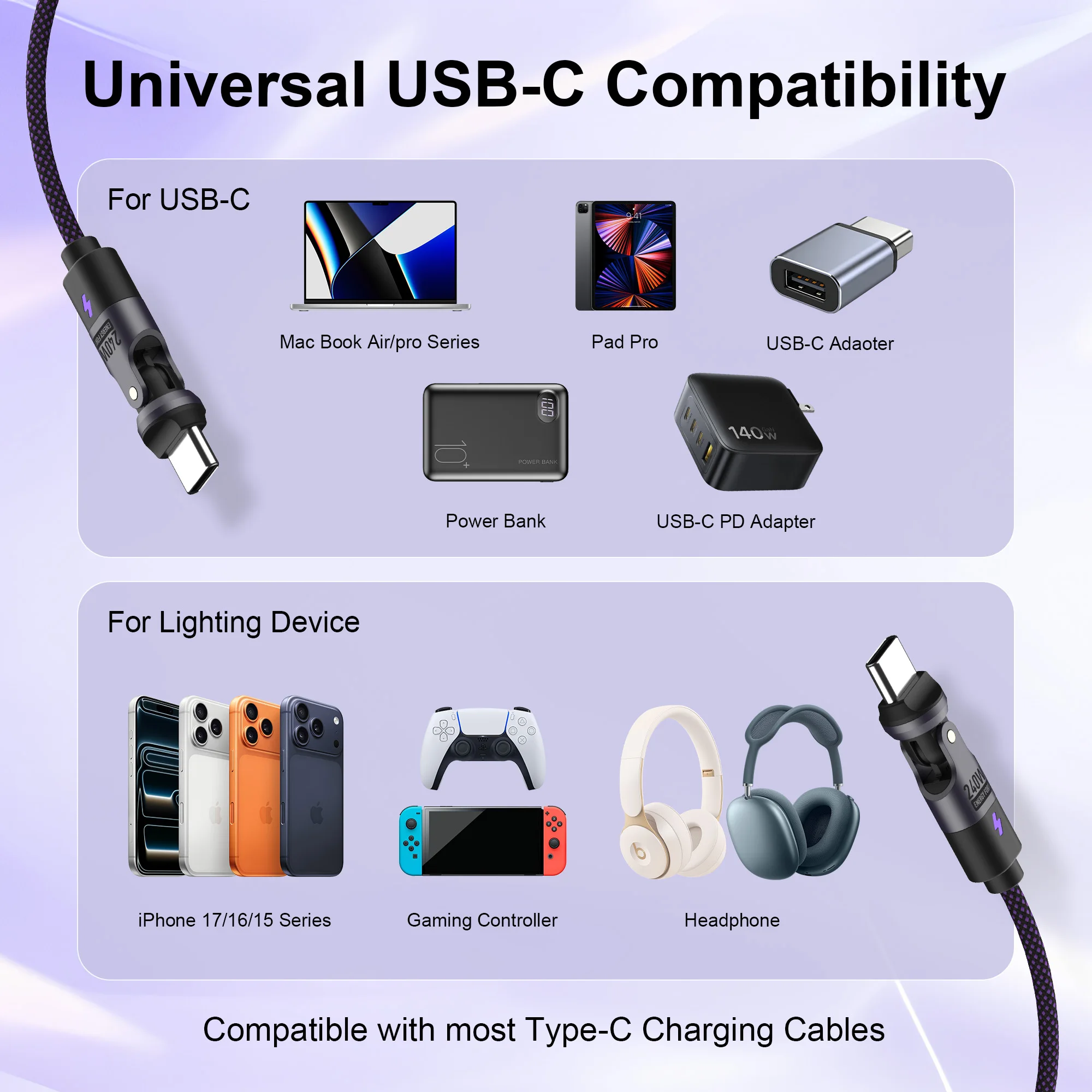 540 °   Вращающийся кабель USB-C на Type-C для быстрой зарядки 240 Вт, конвертер Type-C для Macbook, iPhone 17, Samsung S25 (art.: 3920d99f3bbbf) - 3920d99f3bbbf