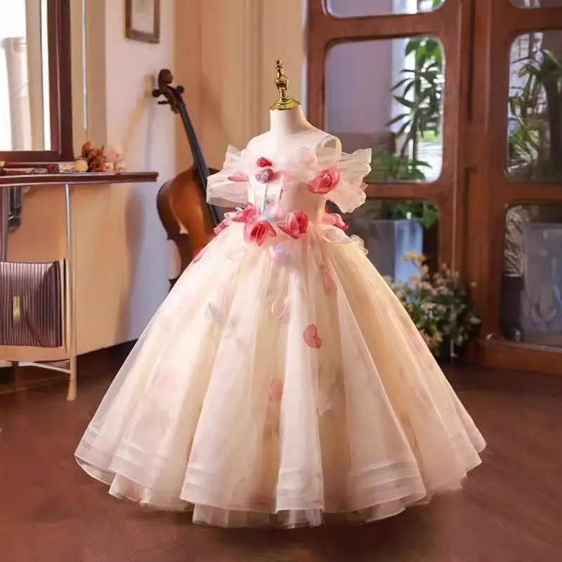 Платье для девочки с открытыми плечами и цветами модные платья принцессы