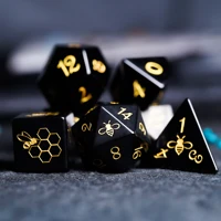 natural obsidian dnd dice set gemstone engraved bee honeycomb logo dice cthulhu coc rpg games dice healing crystal reiki beads