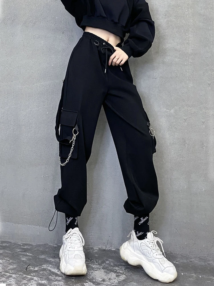 

Women Cargo Pants Fashion Chain Gothic BF Sweatpants Black Elastic High Waist Streetwear Female Hip Hop Trousers