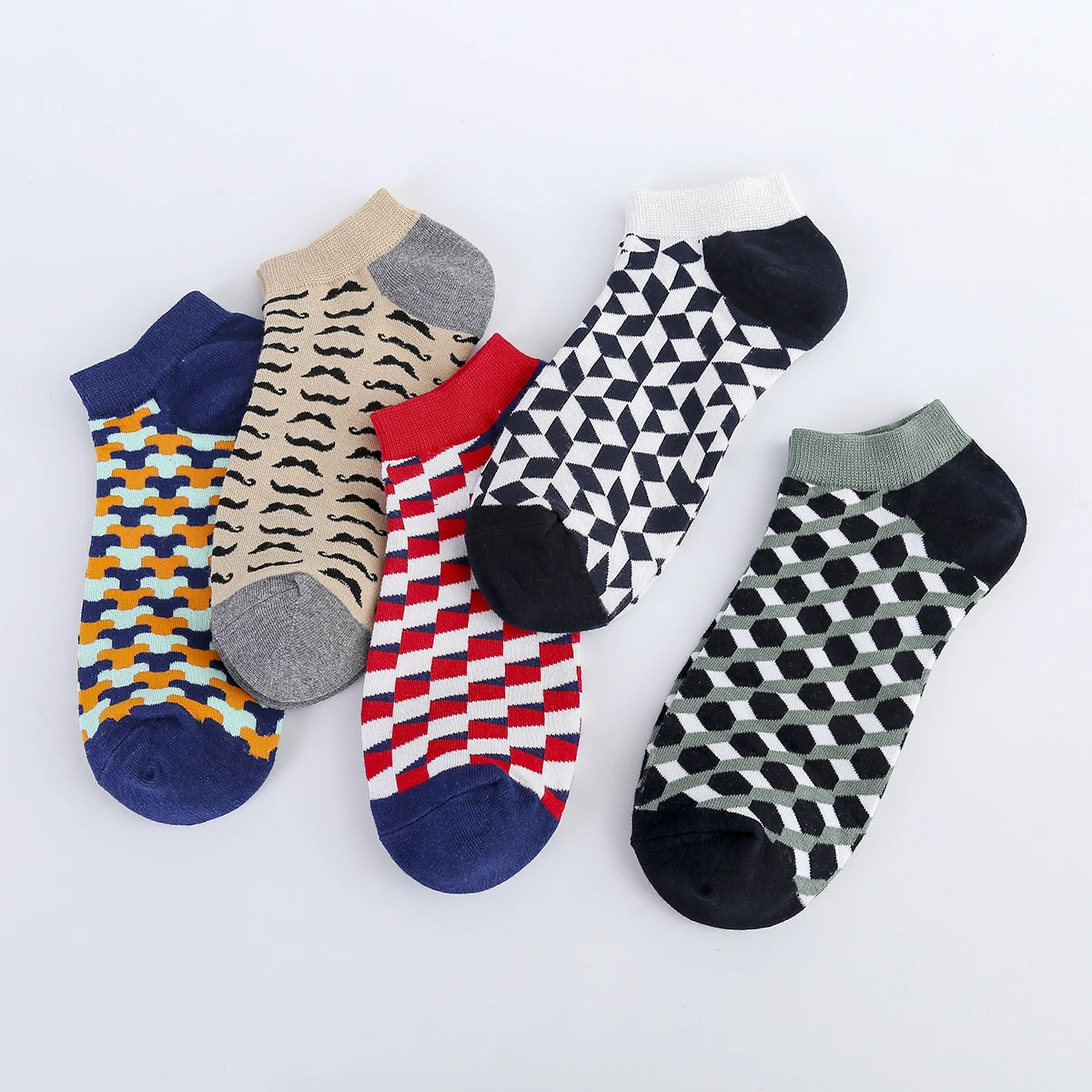 

Women and Men Spring Summer Cute Ankle Socks Cotton Cartoon Funny Happy Socks Grid Rhombus Geometry Beard Pattern Socks 5Pairs