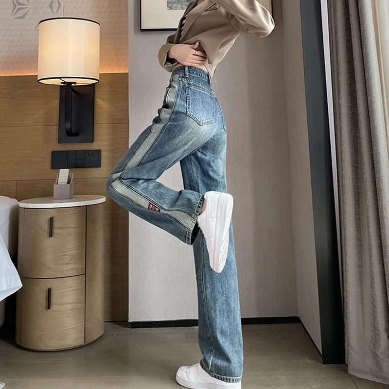 Y2K Boyfriend Jeans For Women Patchwork Mom Jeans Woman Casual Denim Pants Grunge Blue High Waisted Straight Leg  Jeans Women