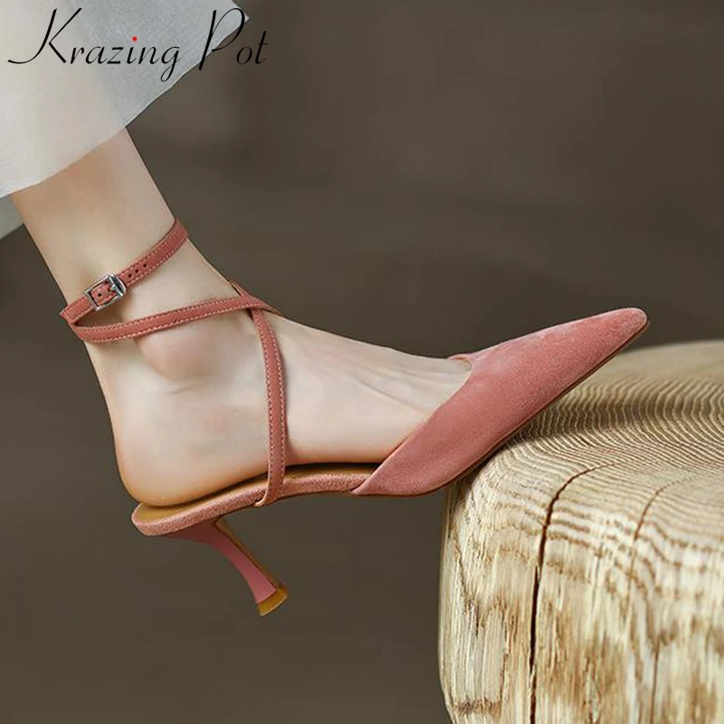 

Krazing Pot Sheep Suede Pointed Toe Stiletto High Heels Summer Shoes Ankle Straps Wedding Banquet Women Sexy Girls Beauty Pumps