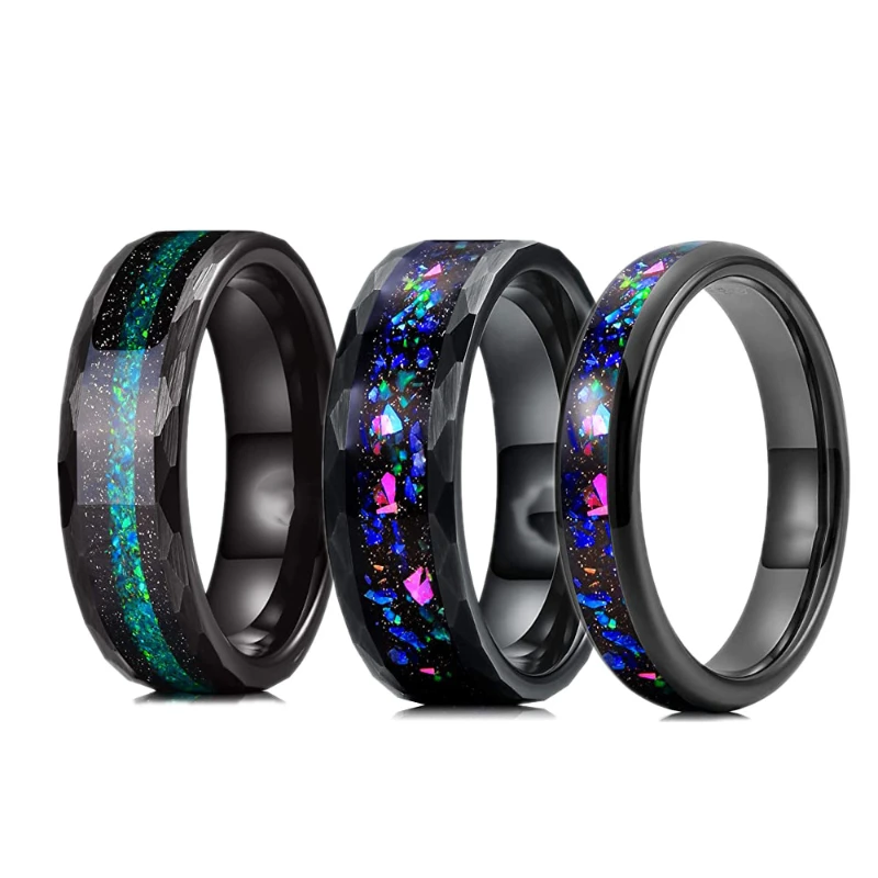 

4mm 8mm Tungsten Carbide Ring Galaxy Multi-Faceted Edge Blue Opal Inlay Mens Women Wedding Bands Rings