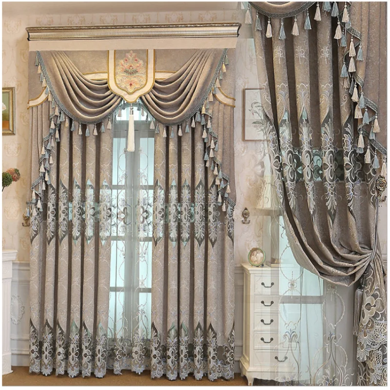 

Jacquard Hollowed Out Chenille Curtains for Bedroom Living Room Luxury European Modern Window Curtain Embroidered Tulle Valance