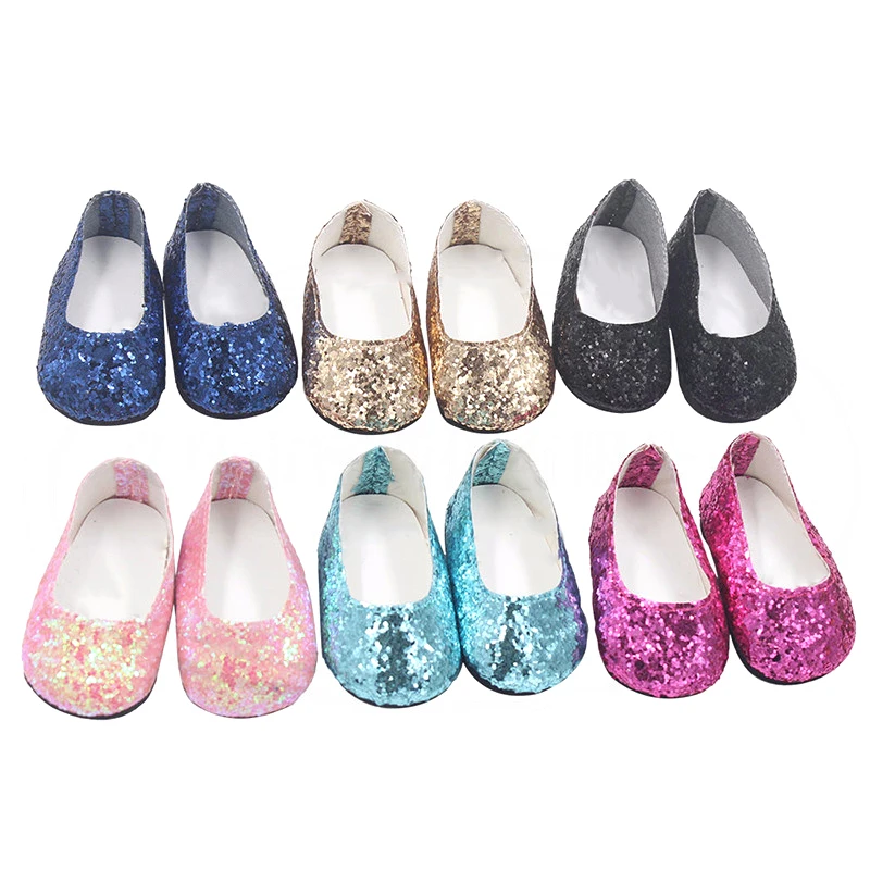 

18'' Doll Mini Shoes 7 cm PU Sequin Shoes Wear For 43 cm New Baby Reborn Toys For American Dolls for Girl's Gift