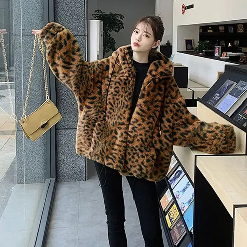 Women's Fur Jacket Famale Loose Faux Rabbit Fur Zip Hooded Thicken 2021 Winter Short Fur Coat Excellent Texture Thick Fur khaki