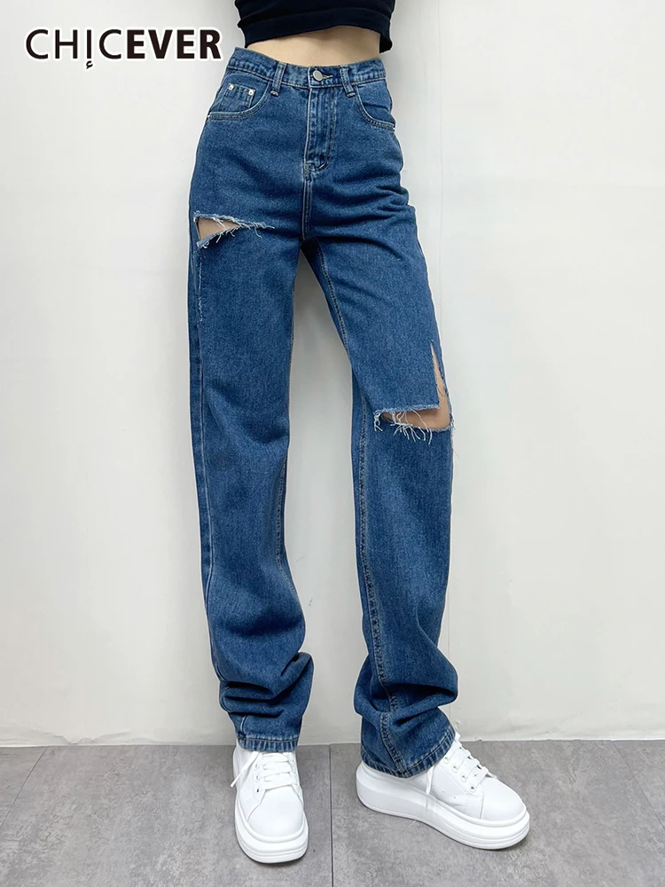 

CHICEVER свободные длинные широкие джинсовые брюки для женщин с высокой талией пэчворк Отверстия Карманы повседневные Простые Джинсы женские ...