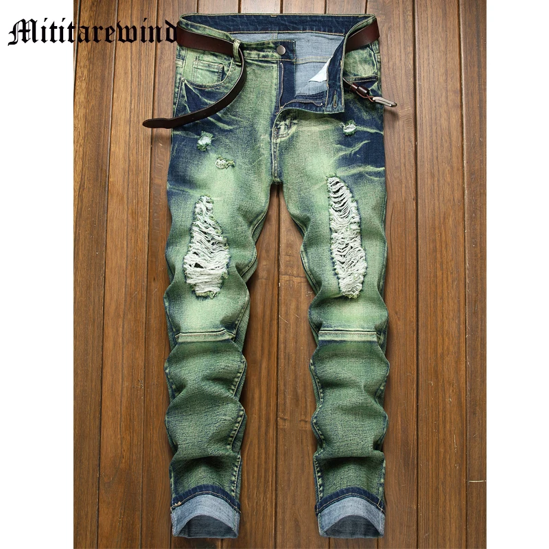 

Men's Retro Ripped Hole Jeans High Street Denim Pants Hip Hop Stretch Jeans Vintage Green Full Length Trousers Versatile Y2k