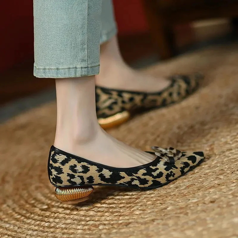 

Women Fashion Pointed Toe Light Weight Leopard Spring Slip on Square Heel Shoes Lady Casual Black Office Low Heel Shoes E451