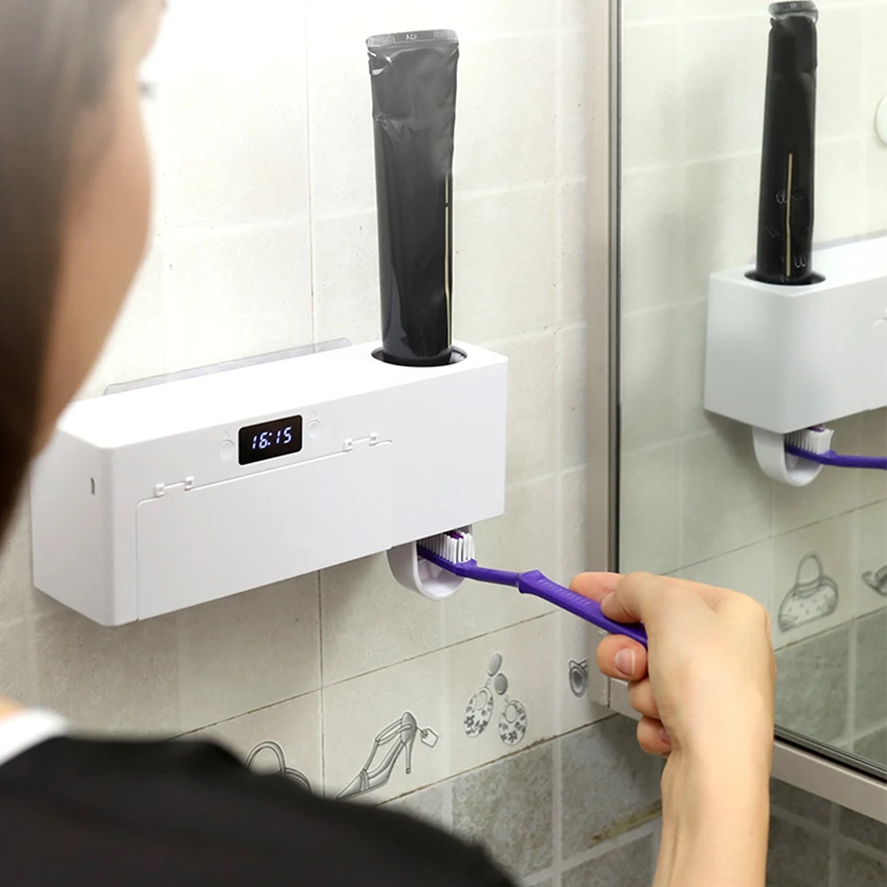 

Organizer Wall Mounted Bathroom Accessories With Toothpaste Squeezer UVC Toothbrush Sterilizer Holder Timing Clock Storage Rack