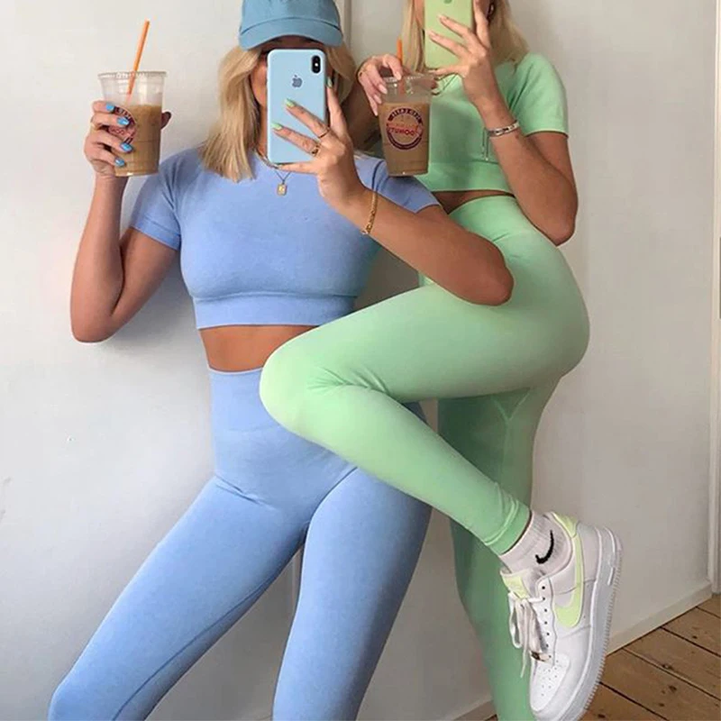 

Summer Sexy Seamless Fitness Yoga Apparel Sports Bra Short Sleeve Top High Waist Pants Skinny Leggings Hip Lift Running Shorts