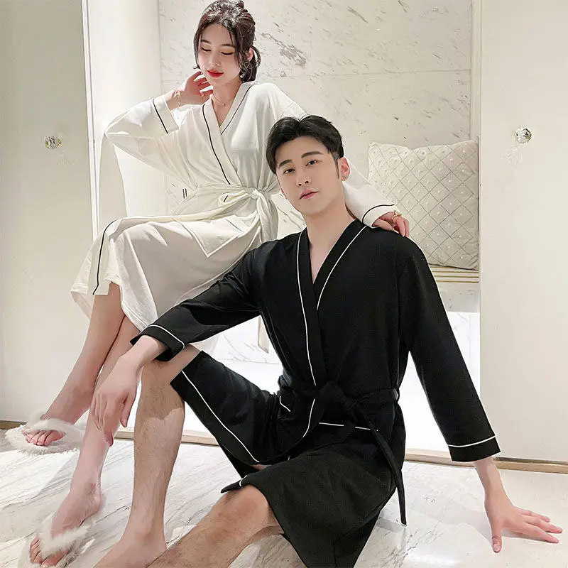 Couple's Nightgown Long Sleeve Pure Cotton Simple Solid Color Girls Comfortable Loose Men's Medium Length Pajamas Bathrobe
