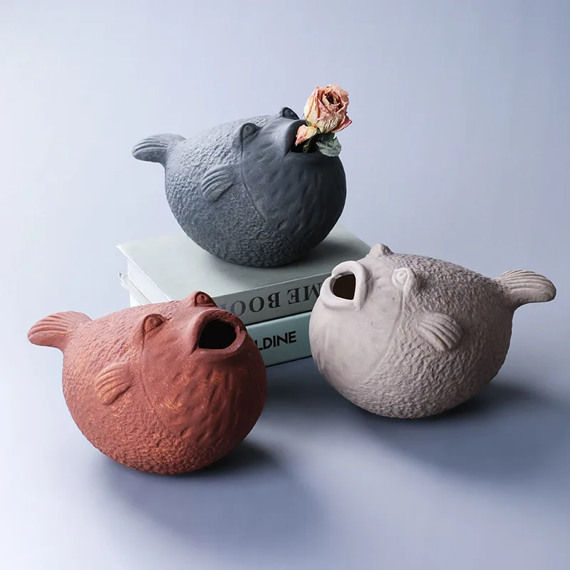 

Modern Ceramic Puffer Fish Sculpture Art Flower Arrangement Creative Animal Ornament Hydroponic Living Room Art Decoration Gift