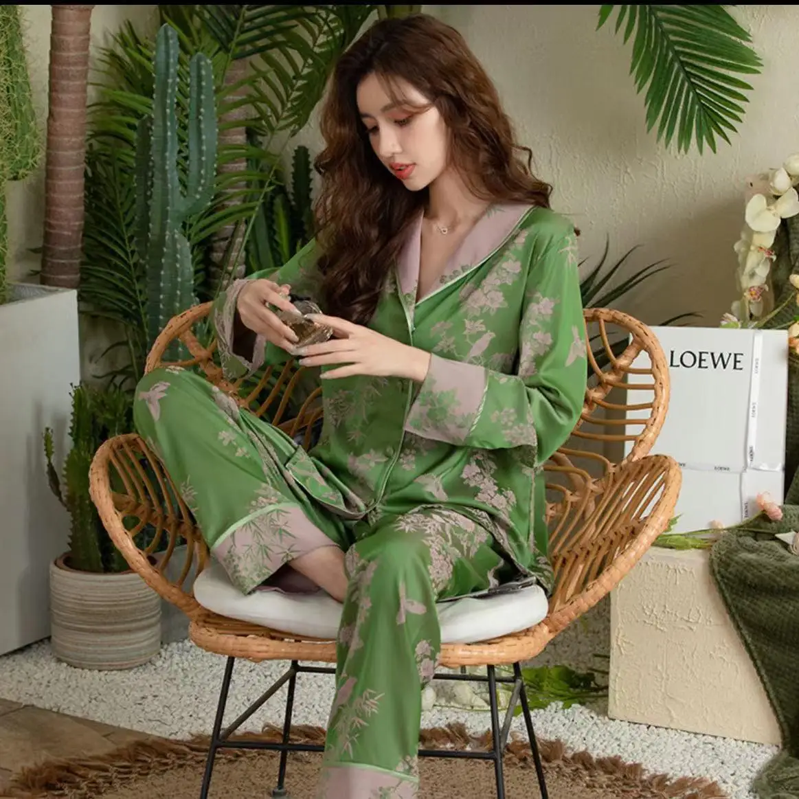 2023 Spring 2 Piece Set Women Home Clothes Long-sleeved Satin Silky Trouser Pants Suits Women Sleepwear Pajama
