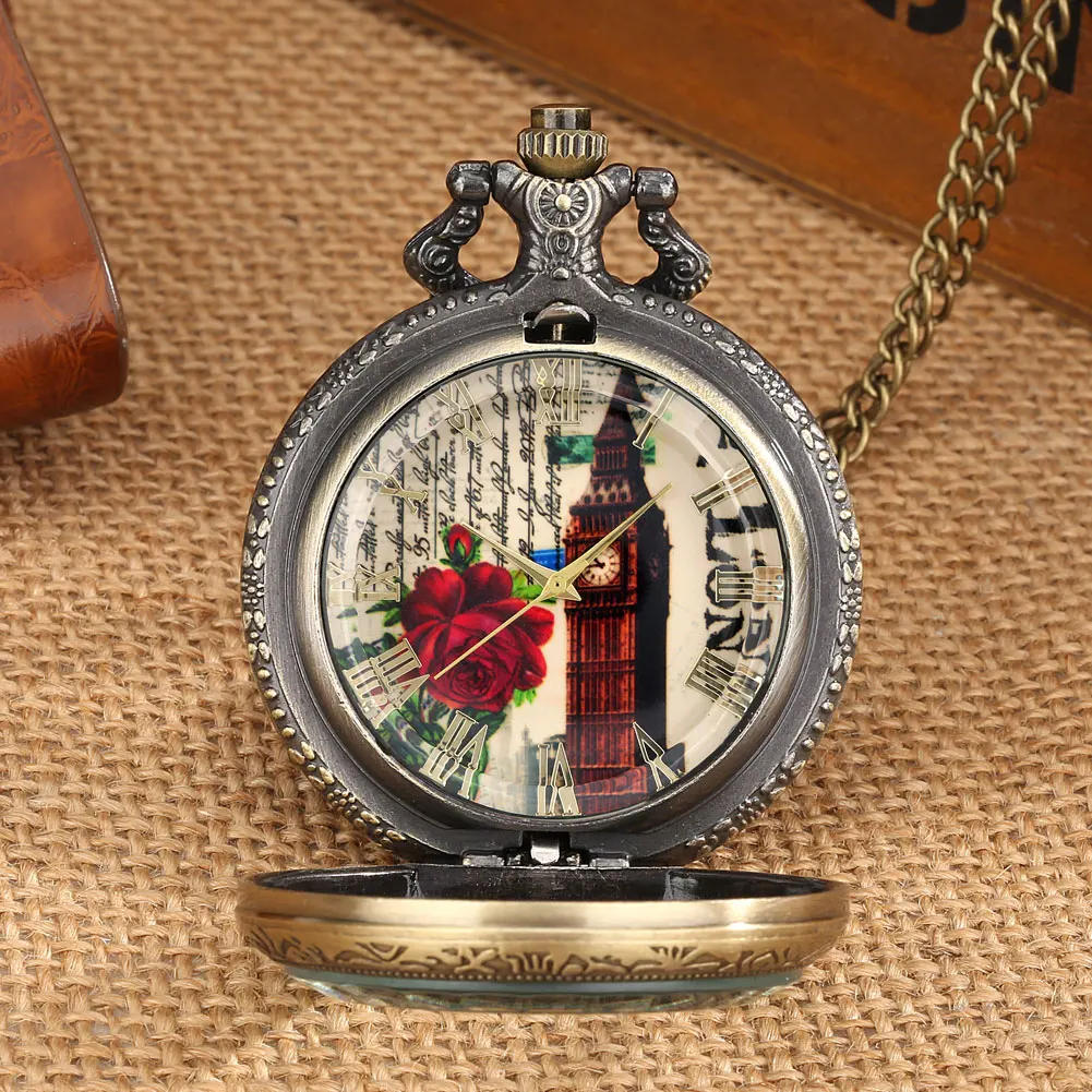

Antique Big Ben Quartz Pendant Watches Retro Bronze Roman Rose Pocket Watch Necklace Clock Gift for Unisex Roman Dial Accessory