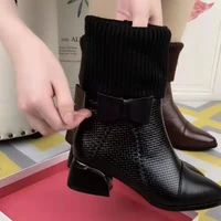 wool mouth boots women 2022 spring and autumn new bow side zipper middle heel square heel pointed toe womens fashion boots