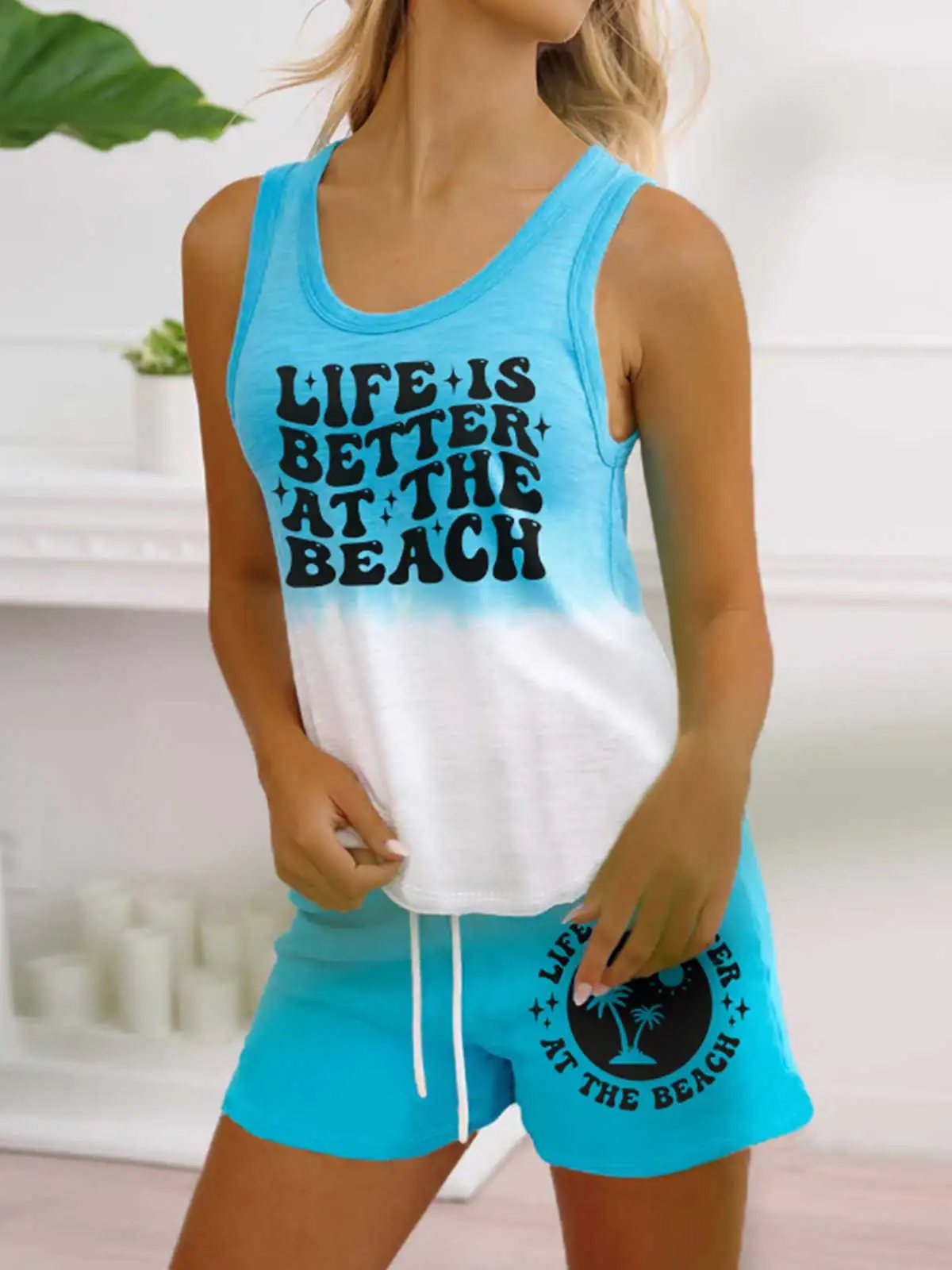 2023 Women Coconut Tree Shorts Pajamas Set Color Block Sleeveless T Shirt+Shorts Woman Soft Casual Sleepwear Homewear Pijimas