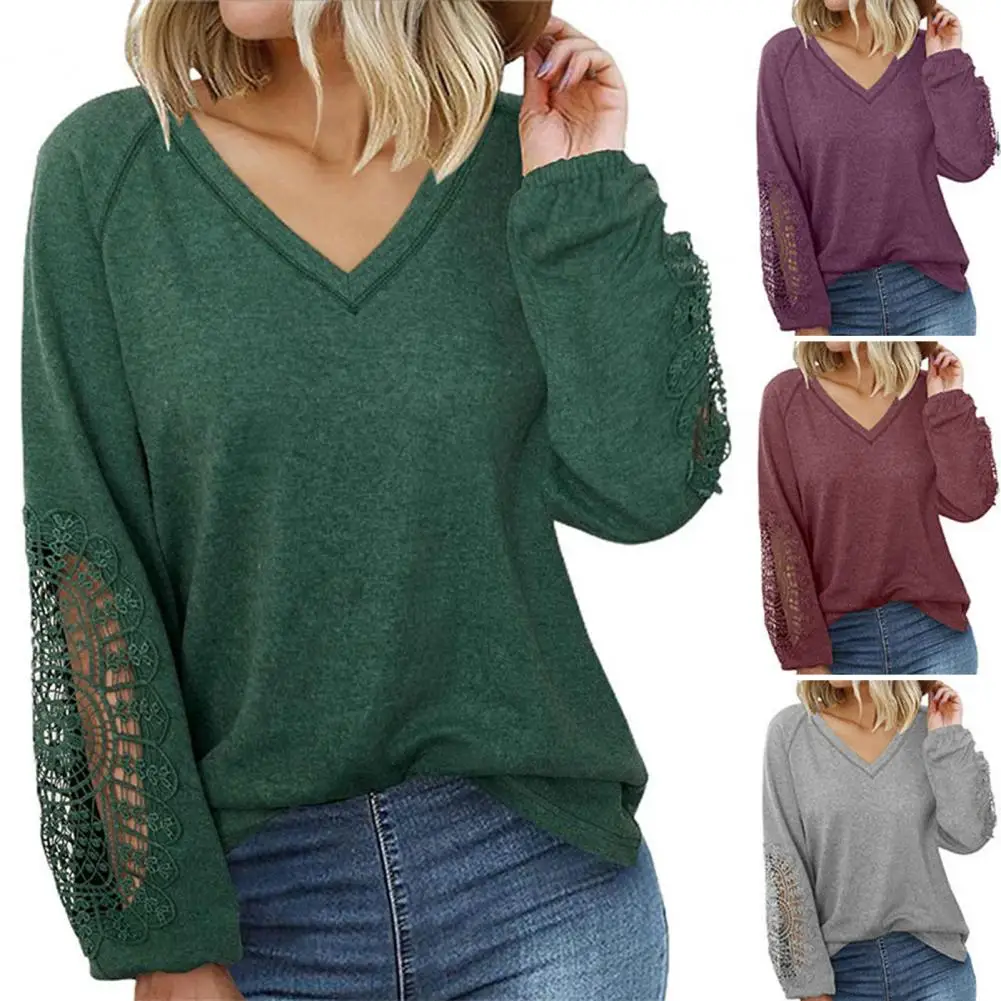 

T-shirt Top Long Sleeve Women Pullover Spring Autumn Solid Color Loose Pullover Top