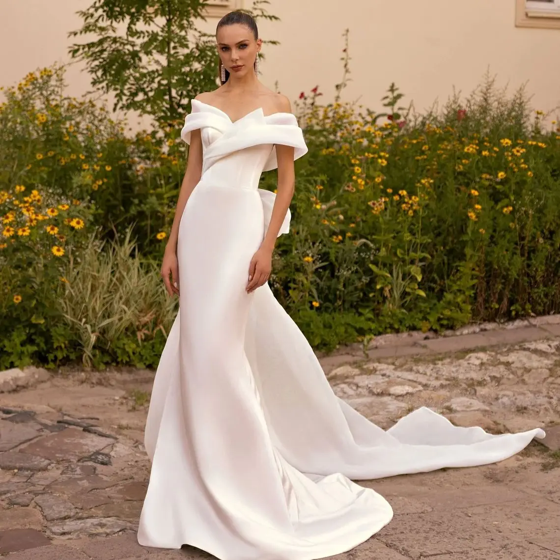 

Classic Simple Satin Mermaid Wedding Dress Off Shoulder Backless Bridal Gown Elegant Removable Bowknot Train Robe De Soriee