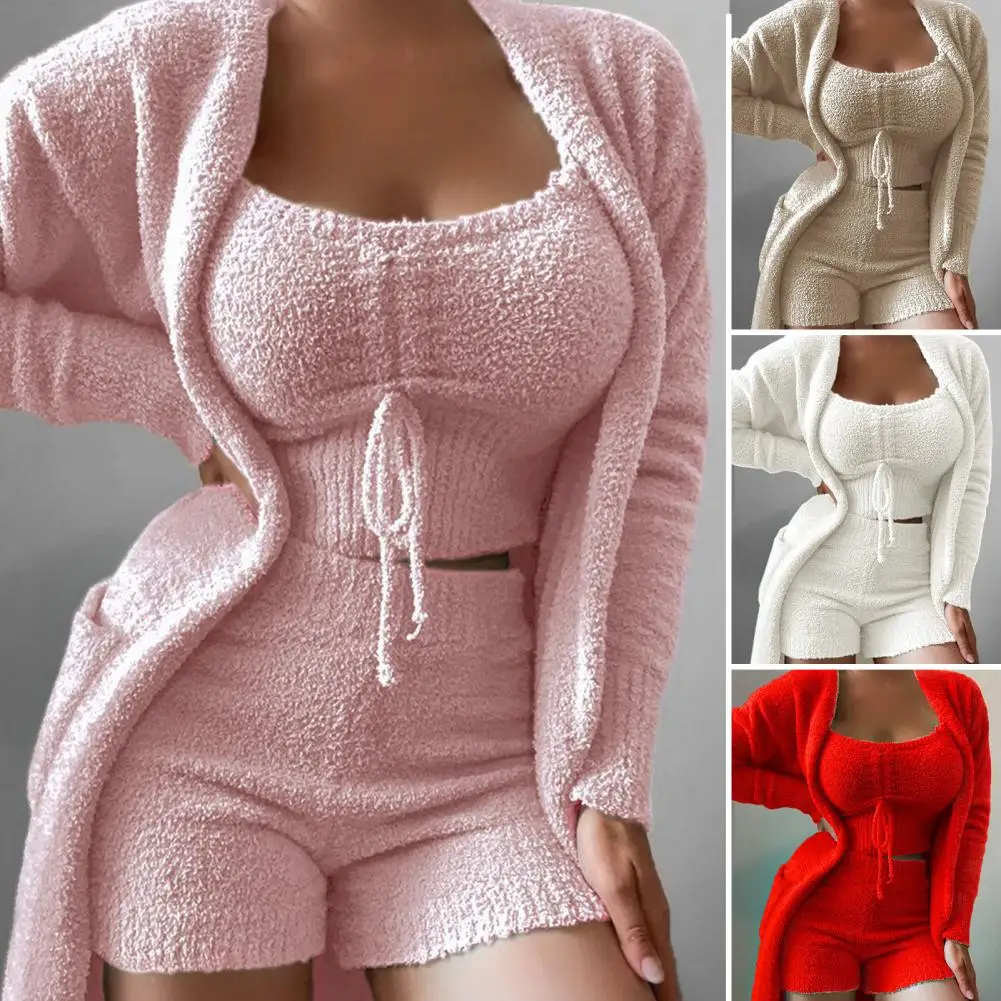 

Above Knee Sleepwear Stretchy Waist Crop Tops Shorts Set for Sleeping