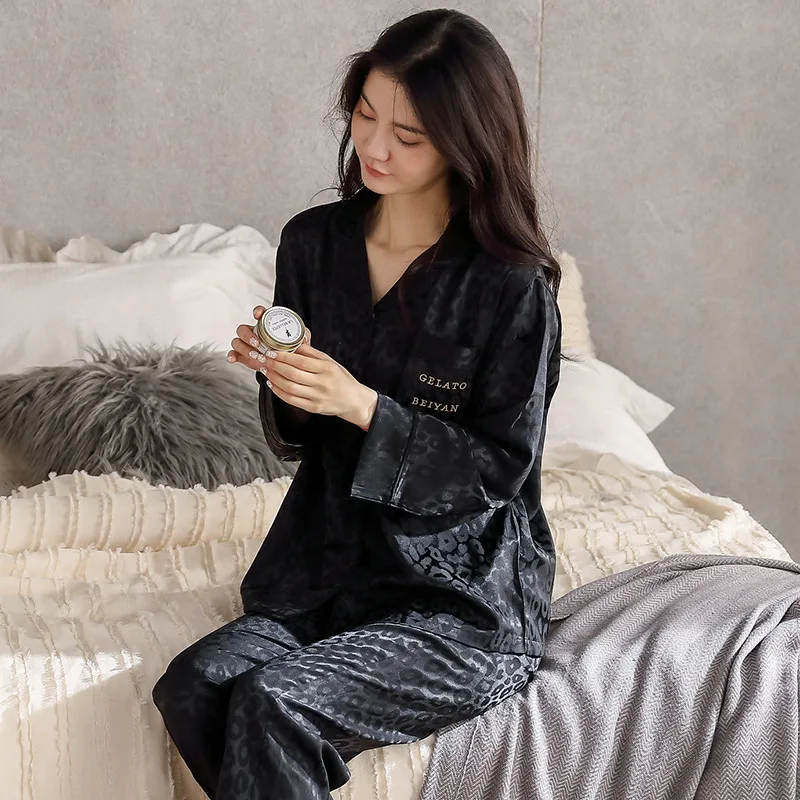 

Yasuk All Season Spring Fashion Ice Silk Pajamas For Women's Long Sleeve Sleepwear Casual Pocket Homewear Soft Solid Leopard