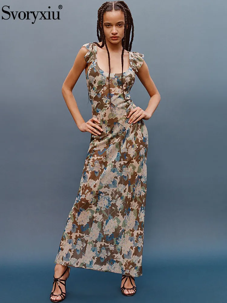 

Svoryxiu New Summer Designer Vintage Floral Print Ankle-Length Dress Women's Butterfly Sleeve High Waist Package Buttocks Dress