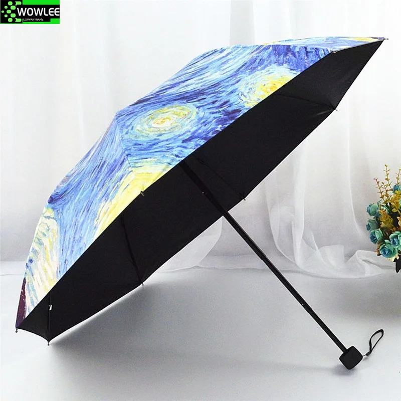 Складной зонт женский, устойчивый к ветру, Парагуас Ван Гога, масляная живопись, дождевой зонт для женщин, качественное черное покрытие, парасоль.