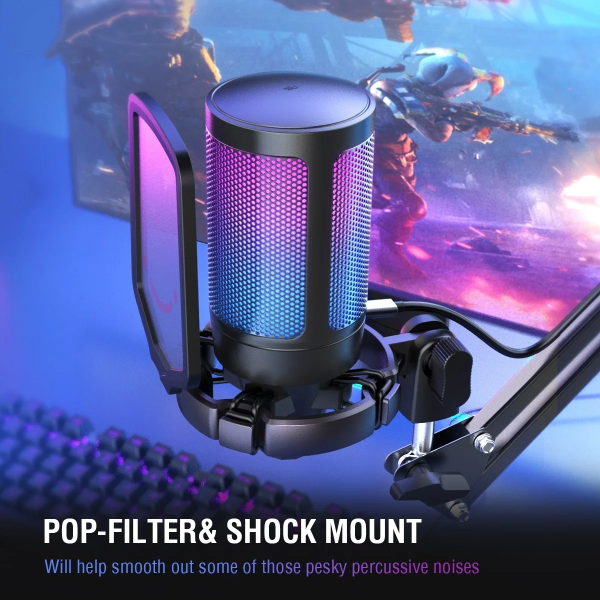 USB Condenser Gaming Microphone for PC PS4 PS5 MAC with Pop Filter Shock Mount&ampGain Control Podcasts Twitch YouTube |