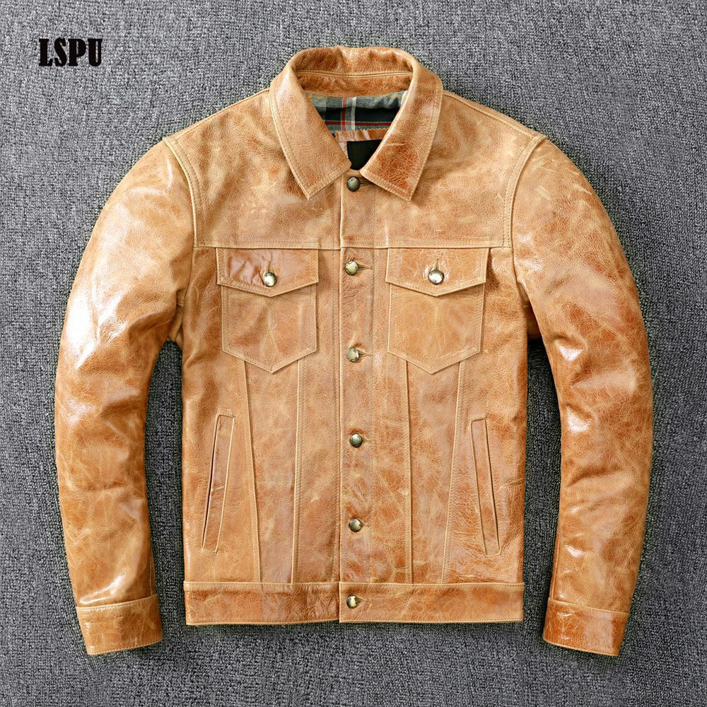 

Куртка мужская из натуральной воловьей кожи, брендовый Модный Роскошный топ, Байкерская мотоциклетная куртка-бомбер верблюжьей расцветки, ...