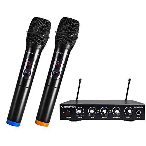 UHF 16 Channels Karaoke Wireless Microphone System with Metal Mixer, 2 Handheld Microphones,  Church, School, Wedding, Meeting,