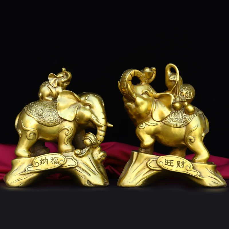 

12"Tibetan Temple Collection Brass elephant statue Mother and Child Elephant a pair gourd Ingots African elephant Gather fortune