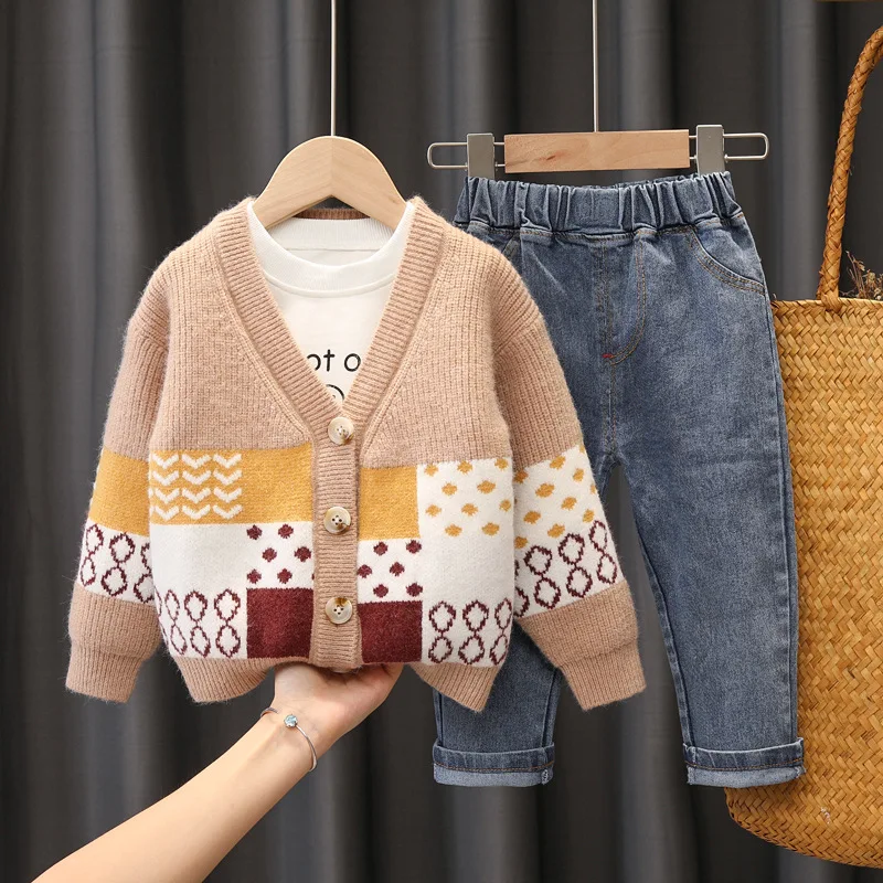 

Toddler Baby Boys Girls Clothing Sets Spring Autumn Casual Infant 3pcs Outfits Knitting +T-shirt+Jeans Kids Handsome Clothes