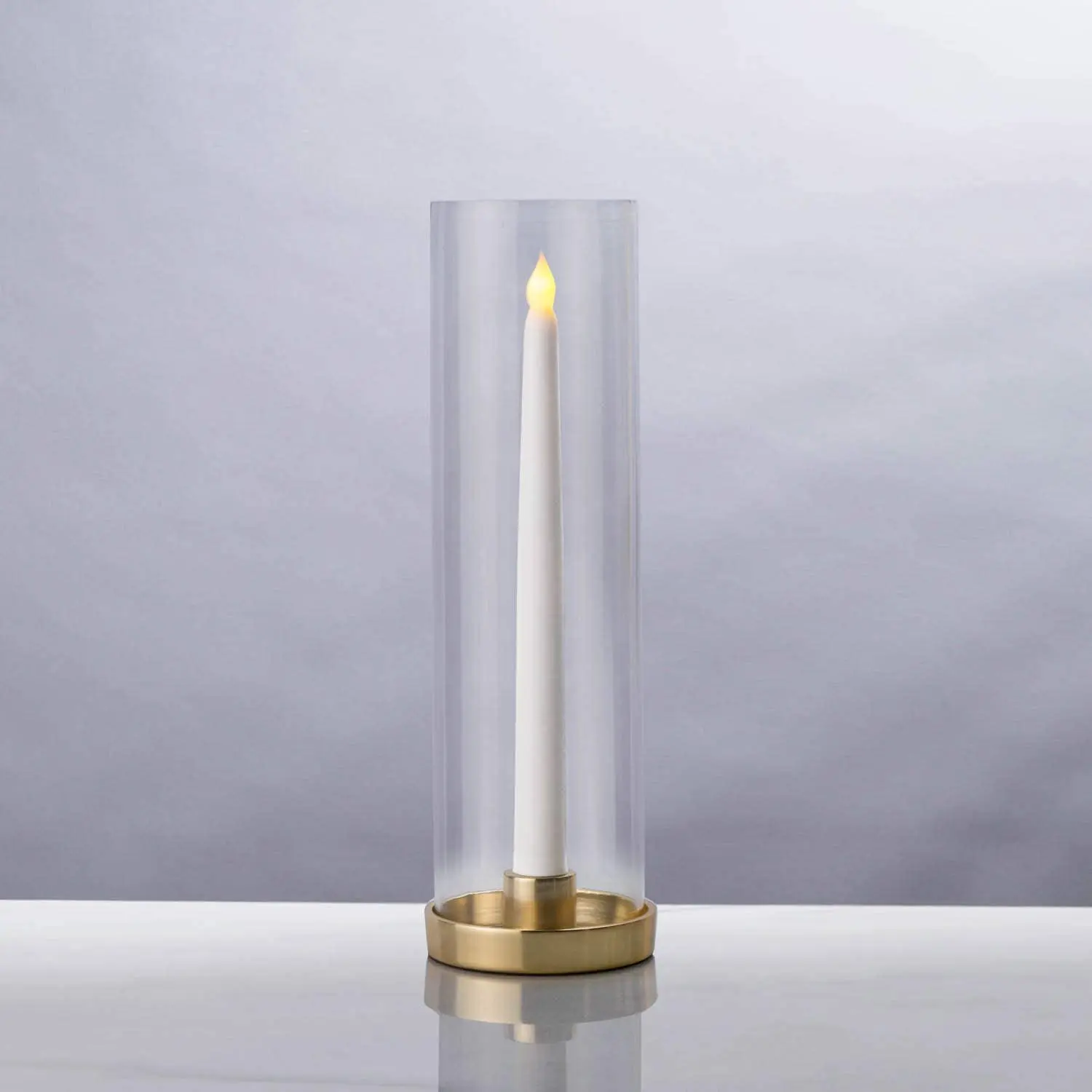 

Taper Candle Holder - Clear Glass Chimney with Brass Base, 12 Inch Tall, 3 Inch Diameter Tube, Wedding Table Centerpiece