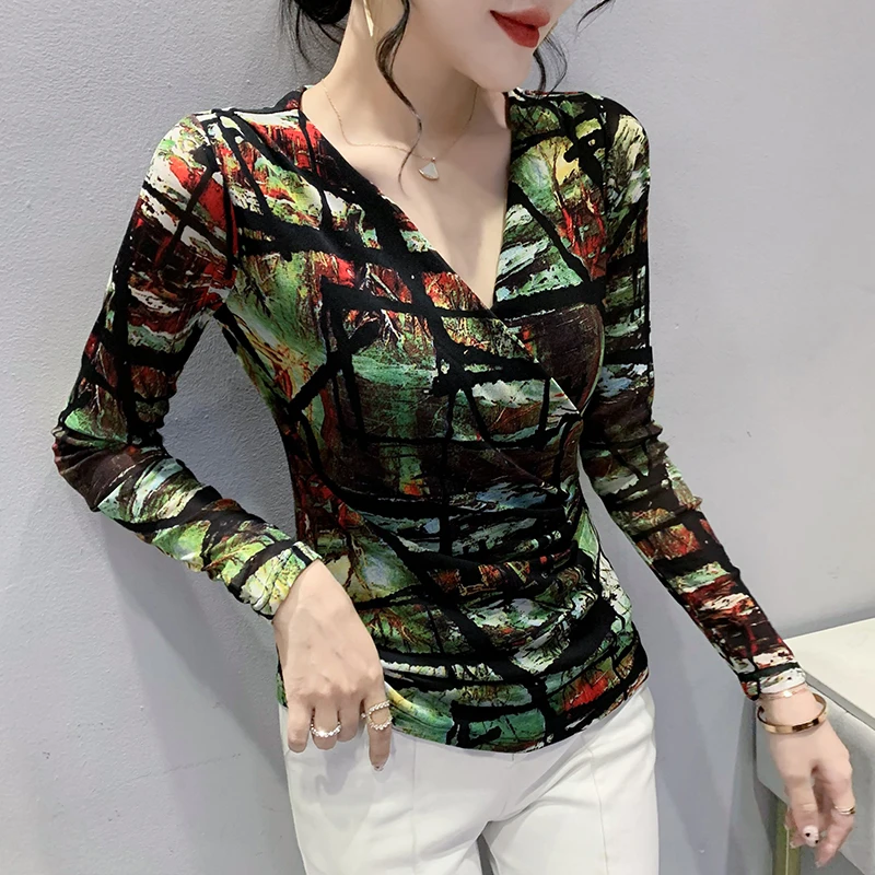 

Женская футболка с длинным рукавом, креативная Футболка с принтом масляной живописи, сетчатые сексуальные топы с V-образным вырезом и перек...