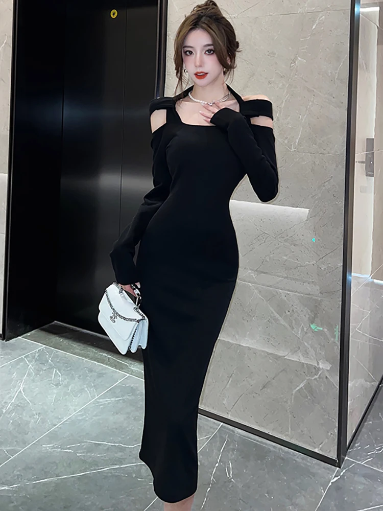 

2023 Black Fashion Chic Neck-mounted Sqaure Collar Backless Sexy Club Long Dress Women Autumn Winter Korean Vintage Hepburn Robe