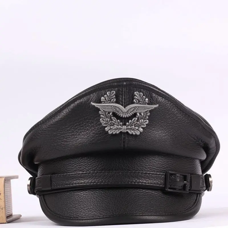 Retro American Navy Peaked Sailor Cap German Military Caps For Men Male Genuine Leather Grey Flat Top Hats European Chapeau