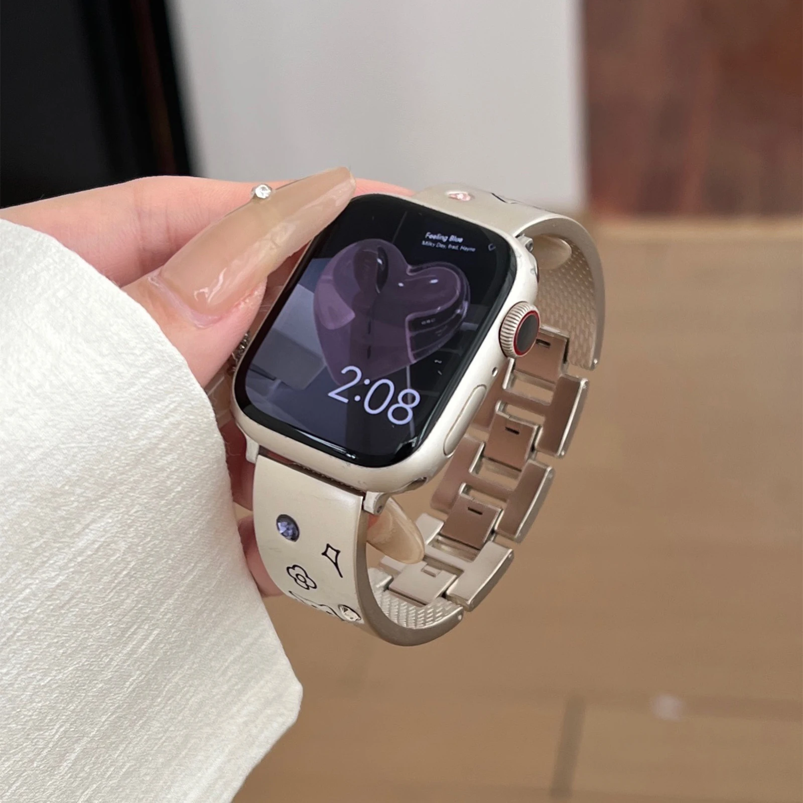 Фото Металлический ремешок для Apple Watch, браслет с милым котом для девочек, браслет-цепочка для Iwatch987654se Ultra Women40 41 44 45 мм, милый браслет со стразами №4