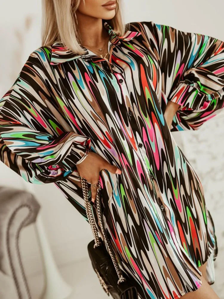 

2022 New Ladies Lantern Sleeve Long Shirts Top Women Fashion Printed Long Sleeve Cardigan Single-Breasted Loose Shirt For Autumn