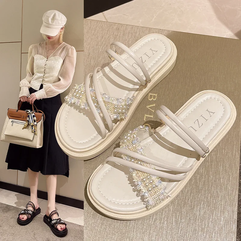 

House Slippers Platform Summer Women's Shoes Slides Fashion Low Pantofle Luxury 2022 Basic Fabric Rome Scandals PU Rubber Hoof