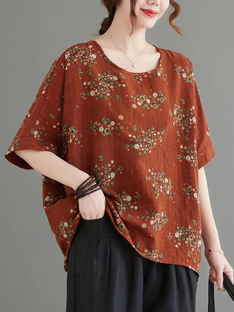 100% Cotton Women Casual T-shirts New Arrival 2022 Summer Vintage Style Floral Print Loose Female Short Sleeve Tops Tees B1660 |