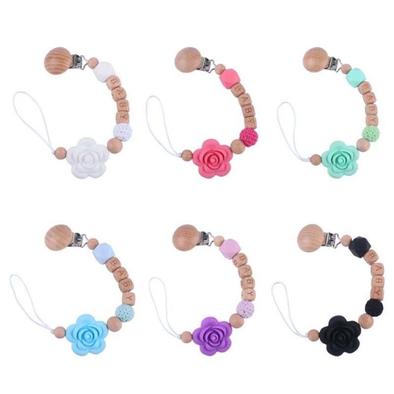 

Wood Bead Baby Boy Girls Holder Soothie Pacifier Clip Silicone Rose Teething Relief Teether Toy Birthday Shower Gift