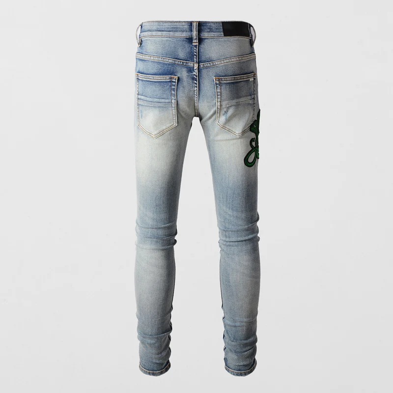 Street Fashion Men Jeans Leather Patch Retro Blue Stretch Skinny Ripped Jeans Men Three Headed Snake Design Hip Hop Brand Pants