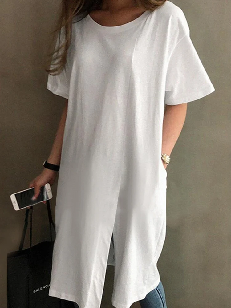 

Блузка ZANZEA Женская однотонная, Модная элегантная повседневная сорочка оверсайз для отдыха, работы, с разрезом, с круглым вырезом и коротким ...