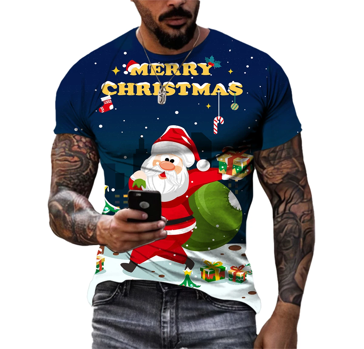 

Men's 3D Santa Claus Printed T-shirt, Round Neck Shirt with Hip-hop Personality, Casual Fashion。