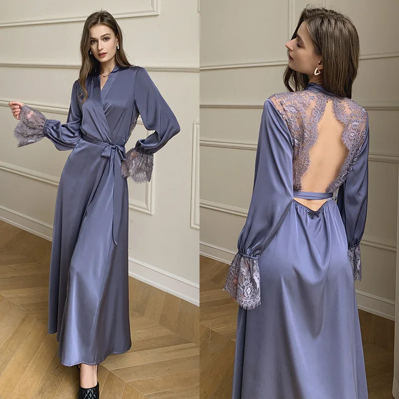 Women's Summer Robe Silk Satin Long Flare Sleeve Sleepwear Sexy Lace Patchwork Nightwear French Elegant Backless Kimono Bathrobe
