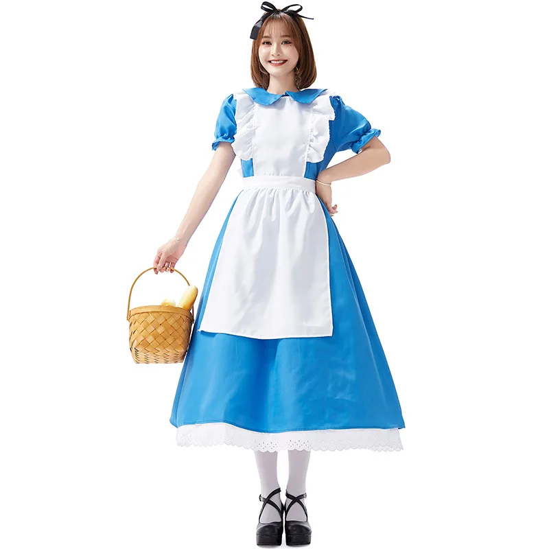 

Alice Costume Long Blue Dress for Adult Women Movie Film Maid Cosplay Outfit Halloween Party